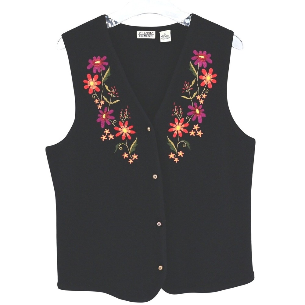 90s Vintage 100% Wool Black Embroidered Floral V Neck Vest Women's Cottagecore